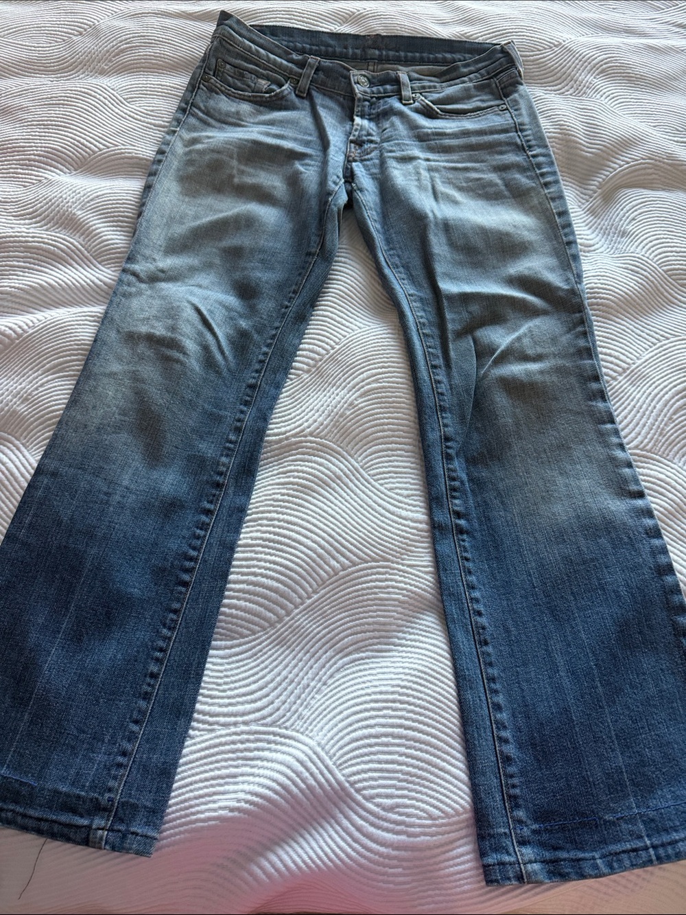 7 for All Mankind Women’s Blue Flared Jeans- for petite women- please see measu